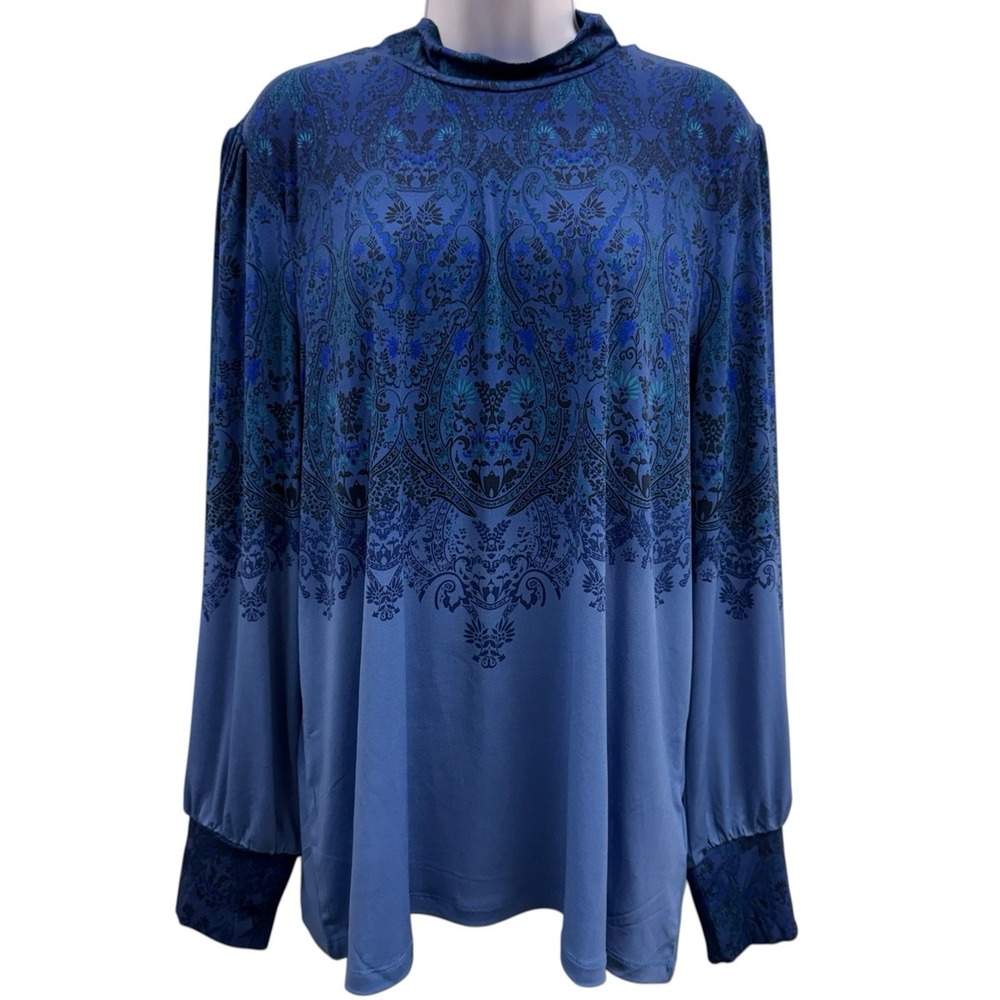 Susan Graver Womens XL Blue Printed Liquid Knit Mock Neck Top Blouson Sleeves
